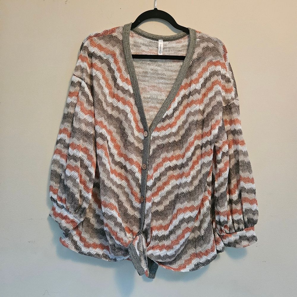 Emerald Pointelle Knit Button Front Tie Cardigan Chevron Stripe Womens XL USA